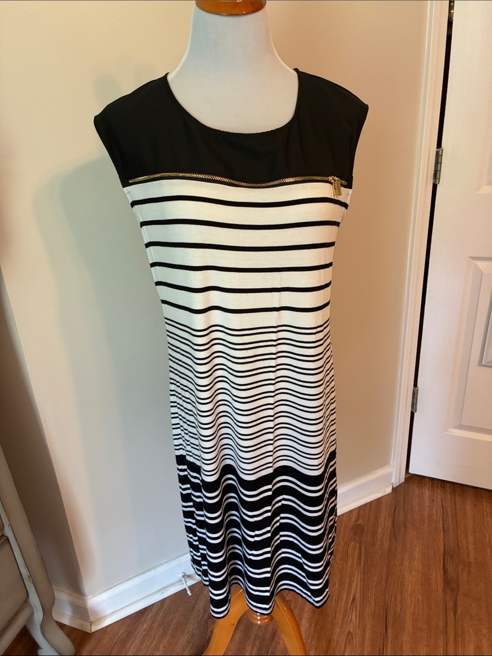 Calvin Klein Black and White Striped Midi Dress with Gold Zip